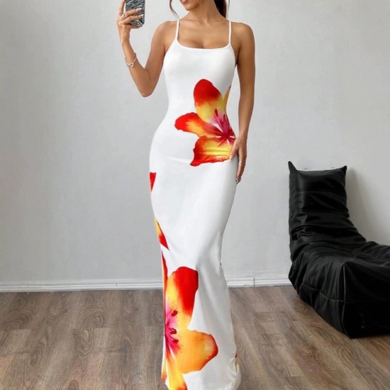 Cross-border sexy halter print dress elegant long dress Платье длинное