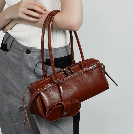 Genuine Leather Niche Retro Motorcycle Style, Cool Belt Decorated Handbag, New Single Shoulder Underarm Sausage Baguette Bag