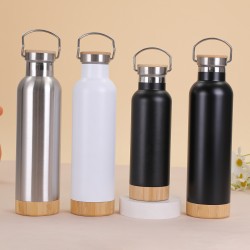 304 stainless steel double-layer vacuum insulated mug, bamboo bottom, cork bottom, American-style wide-mouth sports water bottle, outdoor hiking
