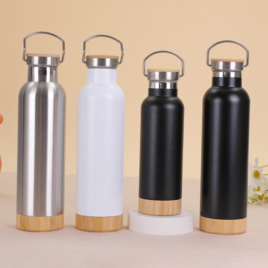 304 stainless steel double-layer vacuum insulated mug, bamboo bottom, cork bottom, American-style wide-mouth sports water bottle, outdoor hiking