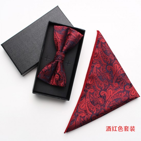 Burgundy paisley cashew pattern square bow tie gift set, two-piece men's business and fashionable wedding bow tie set. Burgundy paisley cashew pattern square bow tie gift set, two-piece men's business and fashionable wedding bow tie set.
