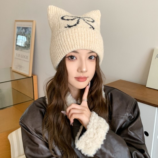Winter and Autumn Knitted Bowknot Hat Thick Woolen Hat with Cute Cat Ears Warm Hat for Cold Weather Fall and Winter Trendy Hat Winter and Autumn Knitted Bowknot Hat Thick Woolen Hat with Cute Cat Ears Warm Hat for Cold Weather Fall and Winter Trendy Hat