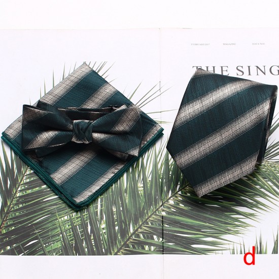 Men's tie sets, three-piece polyester striped tie, bow tie, and square handkerchief sets available Wholesale Suit Accessories