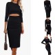 European style long-sleeved mid-length fitted one-piece dress with a casual round neckline and openwork knitted design for a slim fit and pencil shape