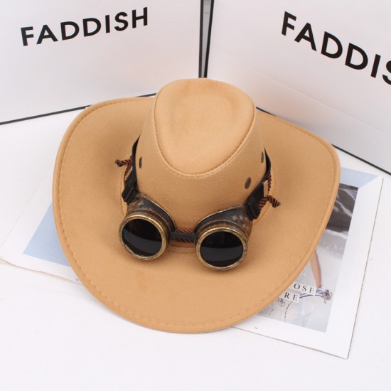 Western cowboy hat, cross-border retro imitation metal goggles accessory, jazz hat, outdoor sun hat, men's top hat.