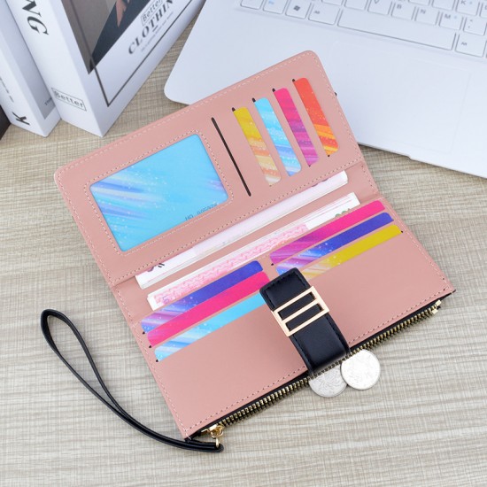 New women's wallet - long style, double-fold, multiple card slots, card case with zipper, snap closure, soft leather case, hand-held, fashionable, Korean style, mixed color