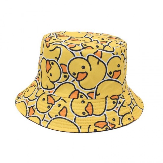 A reversible bucket hat with a cartoon yellow duck, outdoor sun protection, and a foldable bucket hat for women.