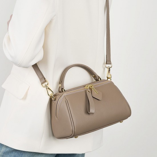 Genuine leather elegant women's bag, 2025 new retro and simple classic Boston handbag, cowhide crossbody shoulder bag