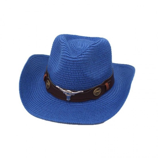 Overseas spring/summer top hats, European and American Western cowboy jazz hats, straw hats with raised brims, bull-head accessory sun hats for men