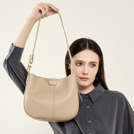 2025 new style genuine leather women's bag, simple cowhide large-capacity cylindrical shoulder bag, solid color, niche casual tote bag