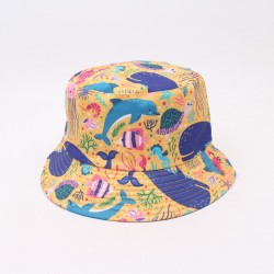 Bull hats with cartoon underwater world prints and whale graffiti, reversible bucket hats for outdoor travel and fresh style