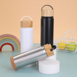 New bamboo lid, cork bottom sports bottle, 304 stainless steel double-layer portable water mug, outdoor portable thermos