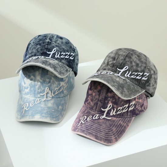 Baseball cap with washed and distressed finish, washed tie-dyed letter embroidered peaked brim sun hat, couple's curved brim hat for women