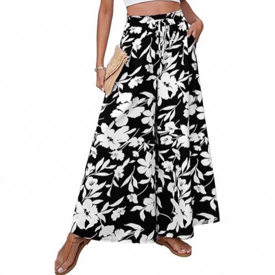Four seasons fashion drawstring pleated long pants 2025 new style European and American women's wear romantic print resort style casual pants for women