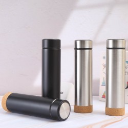 Custom manufacturer's creative cork-bottomed stainless steel vacuum cup, double-layer vacuum straight cup with tea strainer, business gift cup
