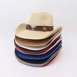 Overseas spring/summer top hats, European and American Western cowboy jazz hats, straw hats with raised brims, bull-head accessory sun hats for men