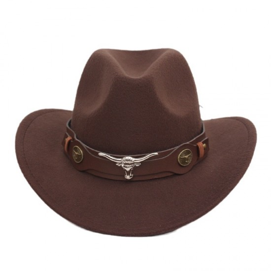 Cross-border Golog Tibetan hat, western cowboy hat, bull head accessory, felt hat, ethnic style curled brim jazz hat