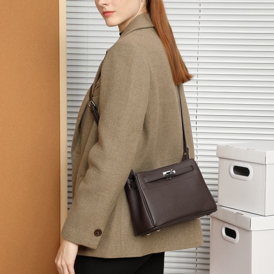 Genuine leather women's bag, top-grain cowhide lock buckle, fashionable, simple, commuter, underarm Small square crossbody bag, Kelly bag