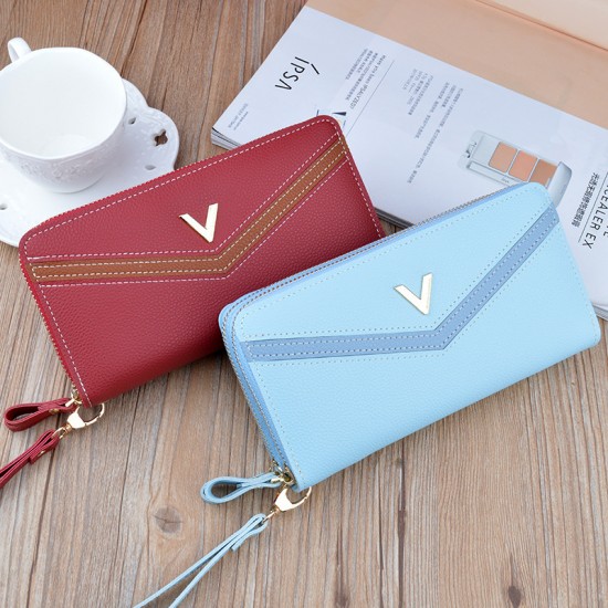 New style wallet - long款 double zippers handbag with two compartments, fashionable color contrast, large capacity, double-layer wallet for cash and mobile phone