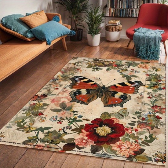 Cross-border temu new Nordic butterfly floral rug, stain-resistant and wear-resistant doormat, easy-care large rug for the living room sofa