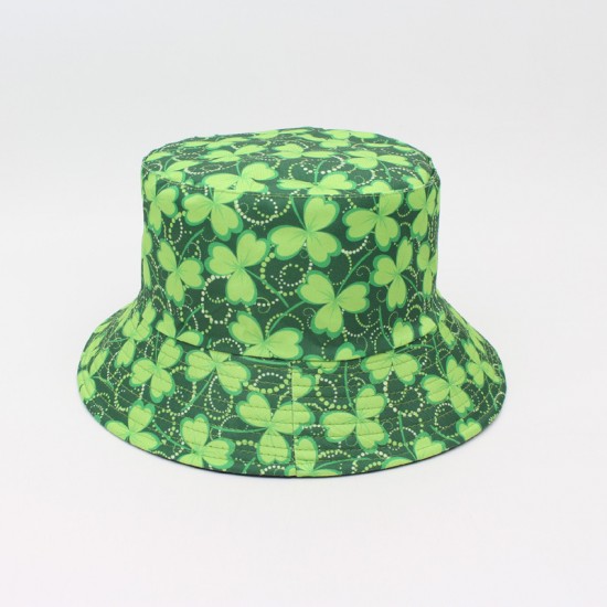 A versatile bucket hat with Irish trefoil print, a stylish, reversible sun protection hat for women.