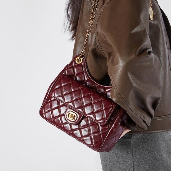2025 new top-grain cowhide Hobo bag, Tmall Genie Chanel-style fashionable and versatile shoulder bag