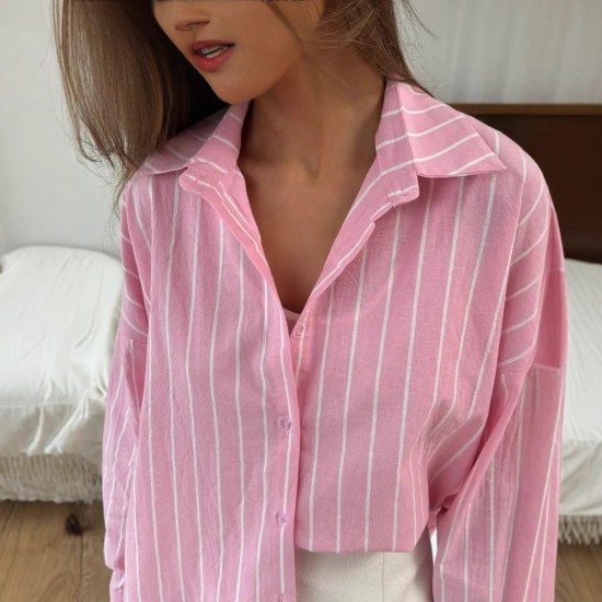 Autumn fashion polo neck Middle East 2025 new style European and American women's wear cardigan striped regular long sleeve shirt for women Autumn fashion polo neck Middle East 2025 new style European and American women's wear cardigan striped regular long sleeve shirt for women
