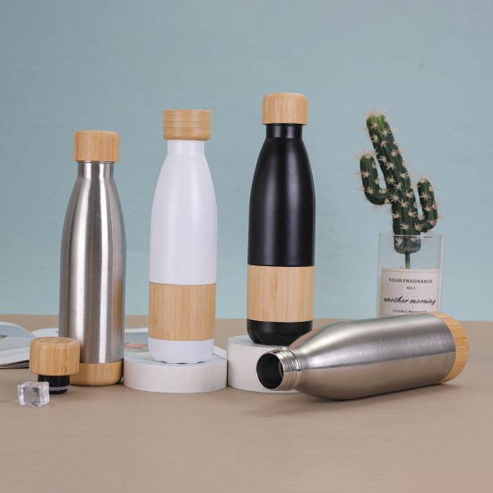 New cross-border bamboo-bottomed cola bottle, stylish and simple, 304 stainless steel vacuum insulated tumbler, bamboo lid, outdoor portable straw cup
