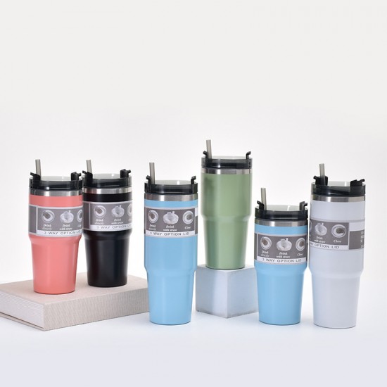 Cross-border 304 stainless steel thermos, leak-proof double-drink straw cup, outdoor car portable car cup wholesale
