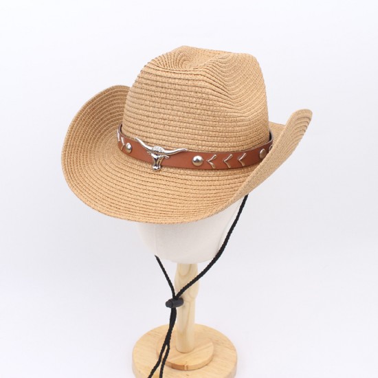 Overseas western cowboy curly brim hats, straw sun protection hats, beach bull head accessories, British couples' hats
