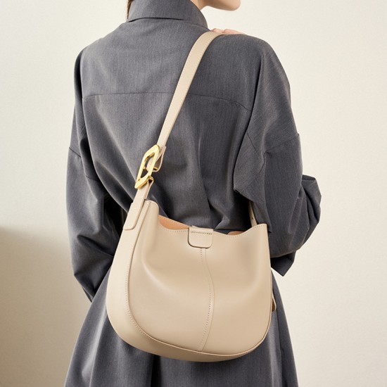 2025 new style genuine leather women's bag, simple cowhide large-capacity cylindrical shoulder bag, solid color, niche casual tote bag
