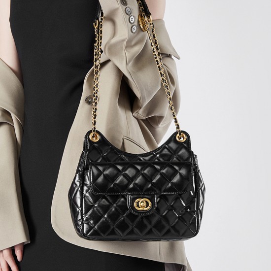 2025 new top-grain cowhide Hobo bag, Tmall Genie Chanel-style fashionable and versatile shoulder bag