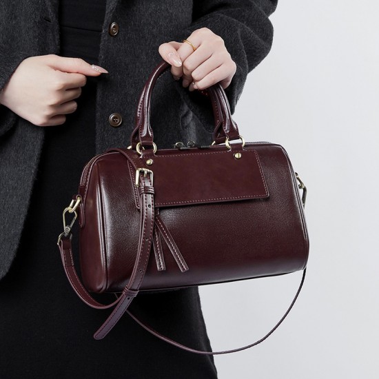 New Winter Genuine Leather Boston Pillow Bag, Fashionable and Casual Handbag, Cowhide Shoulder Bag for Women
