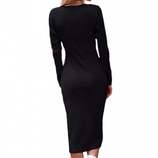 European style long-sleeved mid-length fitted one-piece dress with a casual round neckline and openwork knitted design for a slim fit and pencil shape