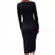European style long-sleeved mid-length fitted one-piece dress with a casual round neckline and openwork knitted design for a slim fit and pencil shape