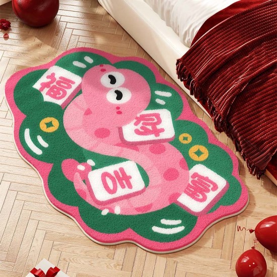Year of the Snake bedside rug, bedroom, Spring Festival decoration, cartoon-style plush non-slip strip floor mat.