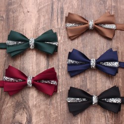 Solid color diamond-encrusted double-layered business bow ties for men and women, wedding and banquet shirts, suit accessories, wholesaler