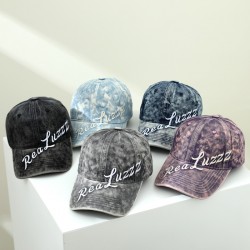 Baseball cap with washed and distressed finish, washed tie-dyed letter embroidered peaked brim sun hat, couple's curved brim hat for women