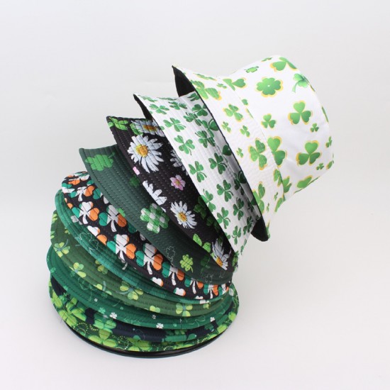 A versatile bucket hat with Irish trefoil print, a stylish, reversible sun protection hat for women.