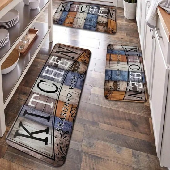 Cross-border TEMU American Imitation Wood Grain Floor Mat, Oil-Absorbent, Water-Absorbent, Wear-Resistant, Easy-Cleaning Three-Piece Kitchen Mat Set, In Stock