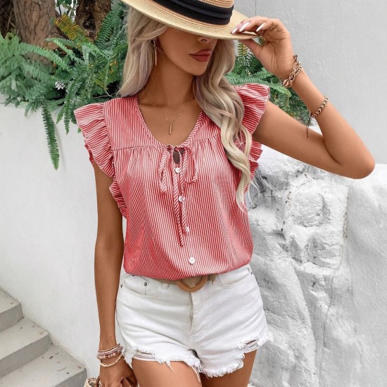 Spring and summer unique French V-neck fashion small puff sleeves 2025 new style design sense tied striped top T-shirt for women