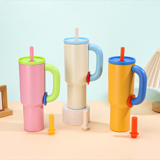 Cross-border giant 40oz handle car tumbler, dopamine color matching vacuum thermos, car portable straw cup