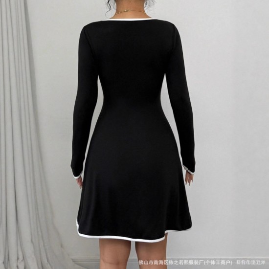 Cross-border Amazon European and American new style 2025 Autumn flared sleeve slit solid color lace spliced square neck figure-hugging dress