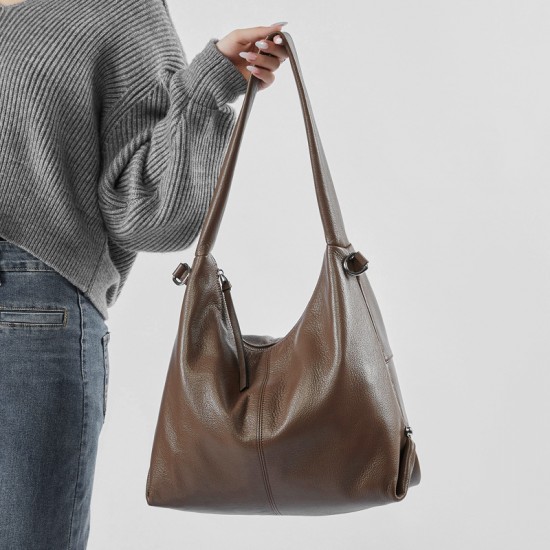 Genuine leather large-capacity stylish new Korean-style trendy solid color casual commuter shoulder tote bag Genuine leather large-capacity stylish new Korean-style trendy solid color casual commuter shoulder tote bag