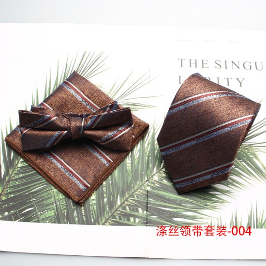 New brown polyester gentleman's fashionable casual men's tie, bow tie with handkerchief, ready for wholesale. New brown polyester gentleman's fashionable casual men's tie, bow tie with handkerchief, ready for wholesale.