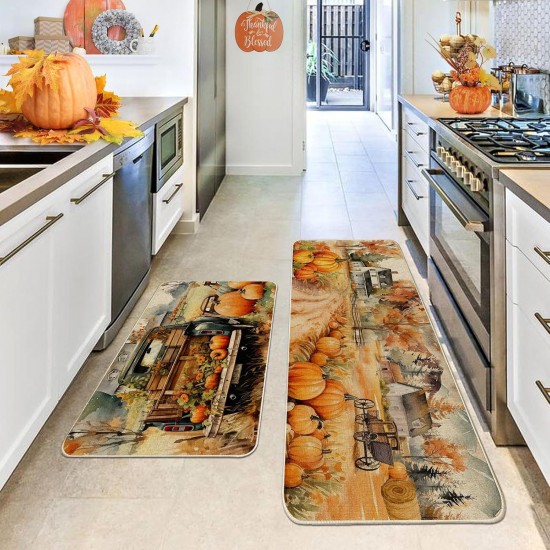 TEMU cross-border autumn pumpkin long kitchen mat, absorbent, stain-resistant, easy-to-care two-piece foot mat set available for delivery.