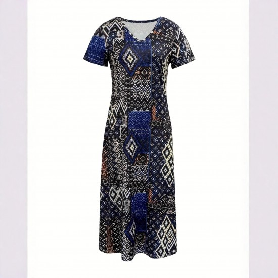 Spring and summer cross-border European and American new style fashion geometric pattern print loose plus size dress for women 2025 Spring and summer cross-border European and American new style fashion geometric pattern print loose plus size dress for women 2025
