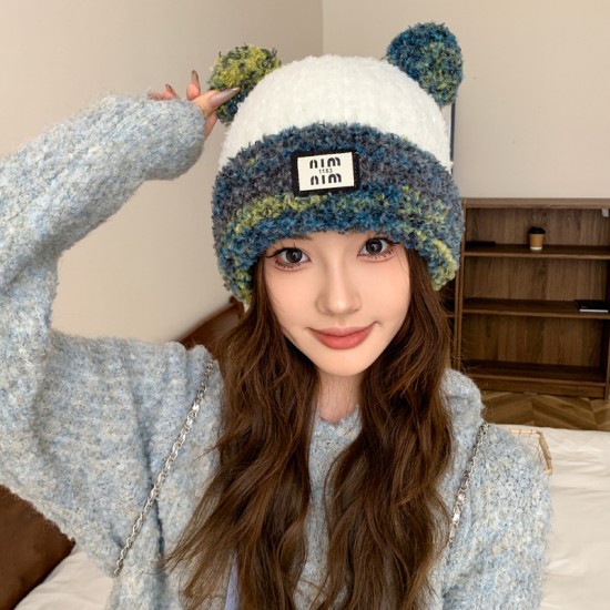 Autumn and winter color-blocked Mickey Mouse and Bear knitted wool hat, warm and versatile, cute plush earmuffs