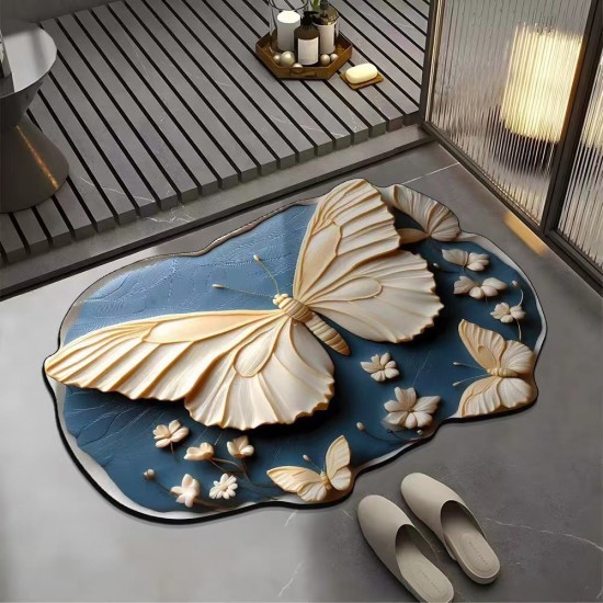Visual 3D floral butterfly diatom mud floor mat, home bathroom, non-slip, absorbent, easy-care mat