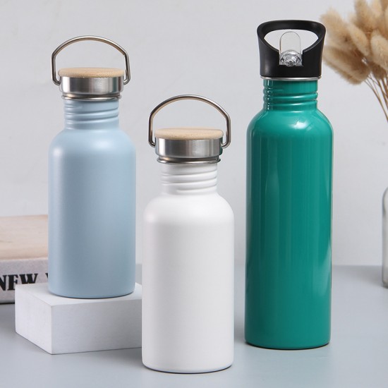 Stainless steel sports water bottle with bamboo and wooden lid, large-mouthed insulated mug, portable single-layer, wholesale for export.